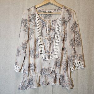 Daniel Rainn Women's Peasant Boho Pink Floral Crochet Lace Trim Semi-Sheer Top M